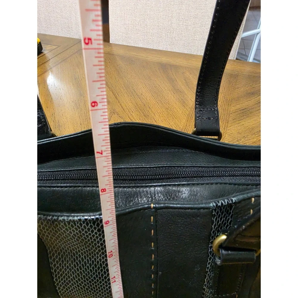 Fossil Black Leather Satchel Handbag Mixed Texture Croc Snake Print Brass Key